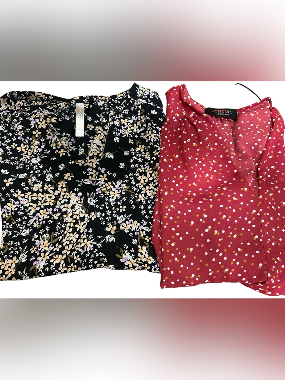 Renee C. Pink and Black Floral & Dot Blouses - Set of 2 (Sizes S & M)